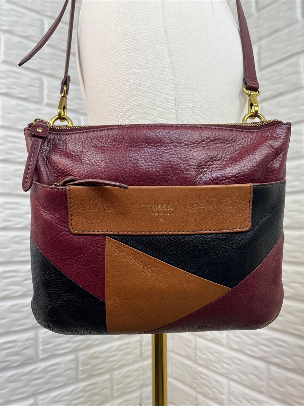 FOSSIL 1954 PATCHWORK CROSSBODY COWHIDE LEATHER BURGUNDY BLACK TAN